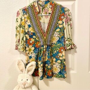 Anthropologie Blank London Vibrant Floral V-Neck Blouse